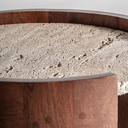 Mesa auxiliar de madera de mango y travertino en marrón y beige, 60 x 35 x 56 cm | Tivoli