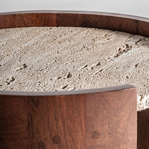 Mesa auxiliar de madera de mango y travertino en marrón y beige, 60 x 35 x 56 cm | Tivoli
