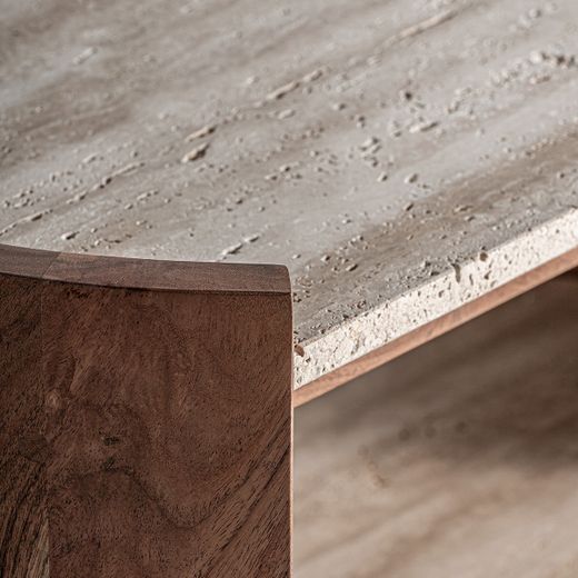 Mesa auxiliar de madera de mango y travertino en marrón y beige, 60 x 35 x 56 cm | Tivoli