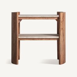 Mesa auxiliar de madera de mango y travertino en marrón y beige, 60 x 35 x 56 cm | Tivoli