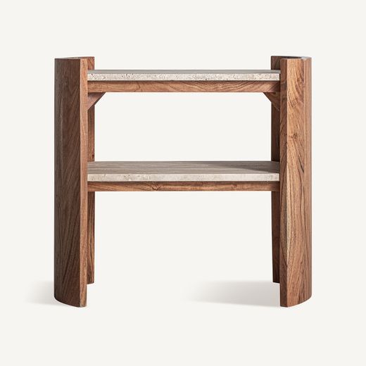 Mesa auxiliar de madera de mango y travertino en marrón y beige, 60 x 35 x 56 cm | Tivoli