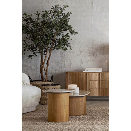 Table d'appoint en marbre et hêtre beige et naturel, 41 x 37 x 44 cm | Lorach