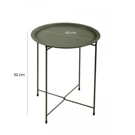 Terrasset 1 ronde tafel en 2 kakigroene stoelen