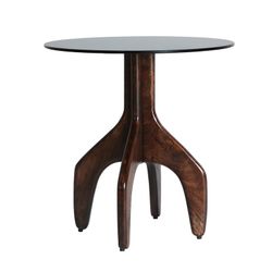 Round tempered glass and mango wood side table in black and brown, 50 x 50 x 51 cm | Bickerton