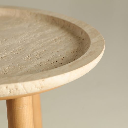 Round birch wood and marble side table in natural brown and beige, 36 x 36 x 55 cm | Videix