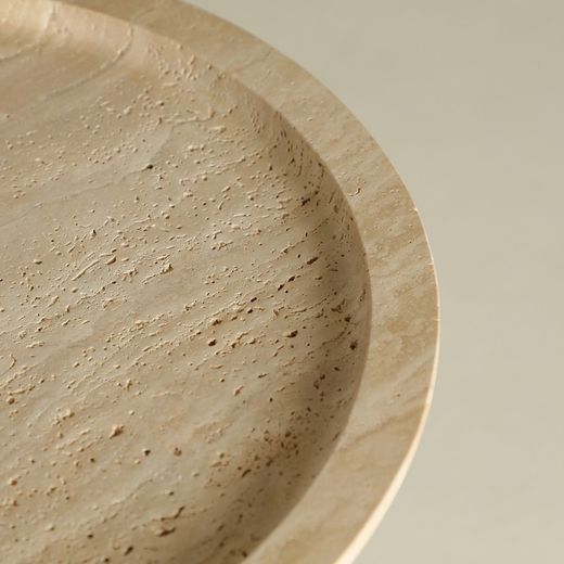 Round birch wood and marble side table in natural brown and beige, 36 x 36 x 55 cm | Videix