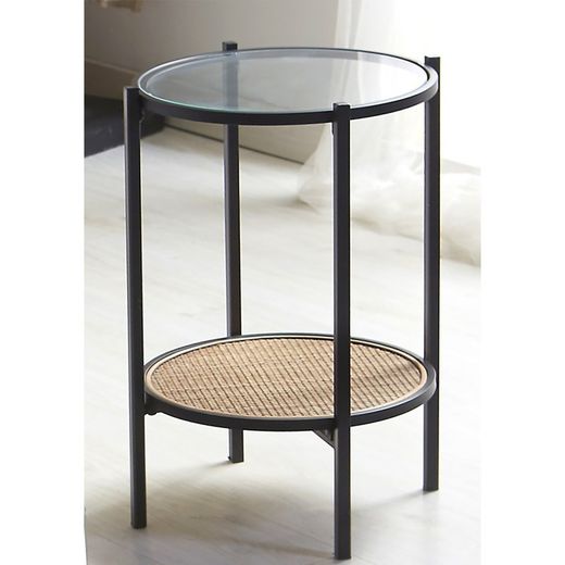 Set of 2 Oksama side tables made of metal, glass and black/natural rattan