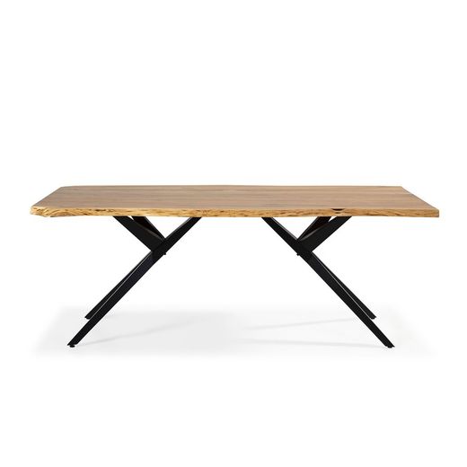 Acacia and metal dining table in natural and black, 200 x 100 x 76 cm | Mudri