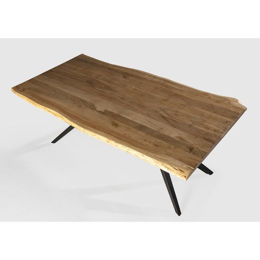 Acacia and metal dining table in natural and black, 200 x 100 x 76 cm | Mudri
