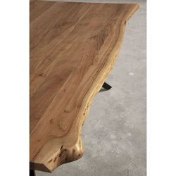 Acacia and metal dining table in natural and black, 200 x 100 x 76 cm | Mudri