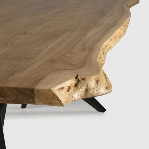 Acacia and metal dining table in natural and black, 200 x 100 x 76 cm | Mudri