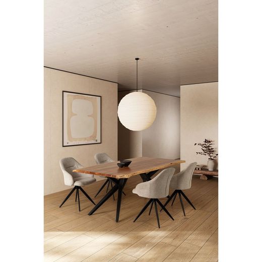 Acacia and metal dining table in natural and black, 200 x 100 x 76 cm | Mudri