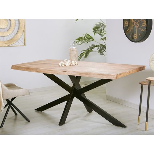 Natural Acacia and Black Metal Dining Table, 180x90x78 cm