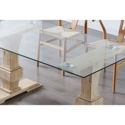 Transparent and natural glass and wood dining table, 160 x 90 x 76 cm | versailles