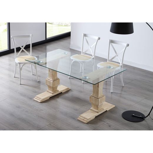 Transparent and natural glass and wood dining table, 160 x 90 x 76 cm | versailles