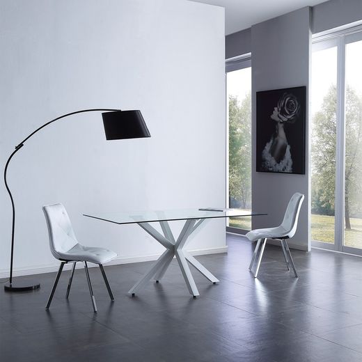 Τραπεζαρία από διάφανο γυαλί και λευκό μέταλλο, 160 x 90 x 75 cm | Σταυρός