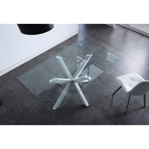 Τραπεζαρία από διάφανο γυαλί και λευκό μέταλλο, 160 x 90 x 75 cm | Σταυρός