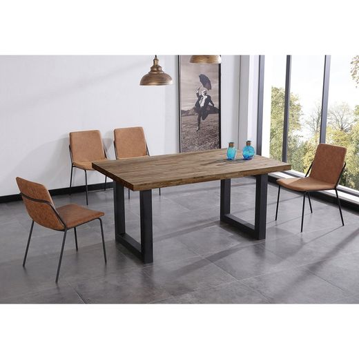Donker naturel/zwart hout en metalen eettafel, 160 x 100 x 75 cm | zolder