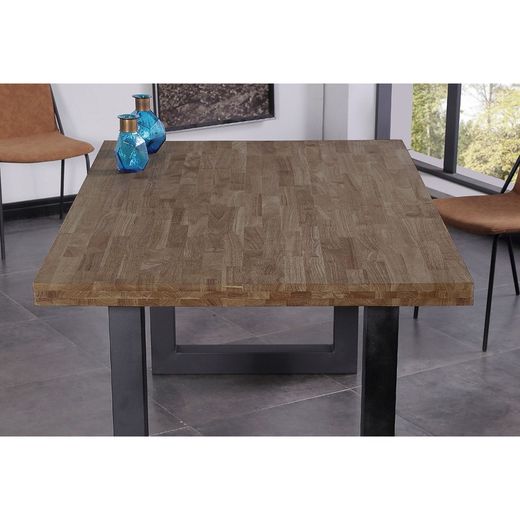 Donker naturel/zwart hout en metalen eettafel, 160 x 100 x 75 cm | zolder