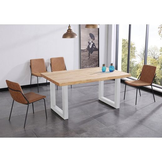 Eettafel van naturel/wit hout en metaal, 160 x 100 x 75 cm | zolder