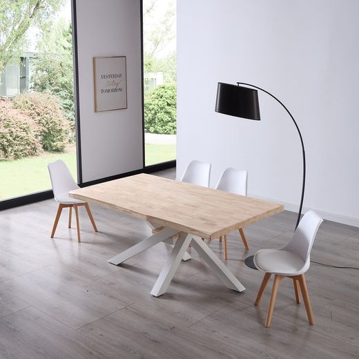 Natural/white wood and metal dining table, 180 x 100 x 76 cm | Xena
