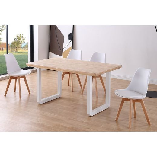 Τραπεζαρία από ξύλο δρυός και μέταλλο σε ανοιχτό φυσικό και λευκό, 150 x 90 x 77 cm | Ρώμη