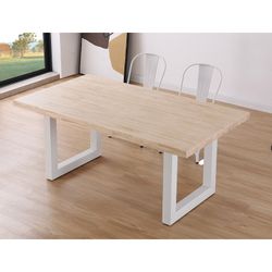 Table à manger en chêne et métal naturel clair et blanc, 180 x 100 x 76 cm | grenier