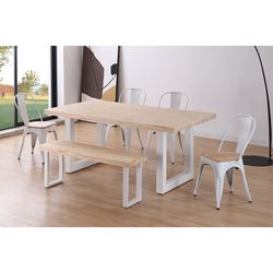 Table à manger en chêne et métal naturel clair et blanc, 180 x 100 x 76 cm | grenier