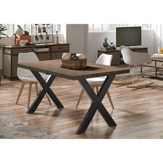 Τραπεζαρία από ξύλο δρυός και μέταλλο σε σκούρο φυσικό και μαύρο χρώμα, 160 x 90 x 76 cm | x-σοφίτα