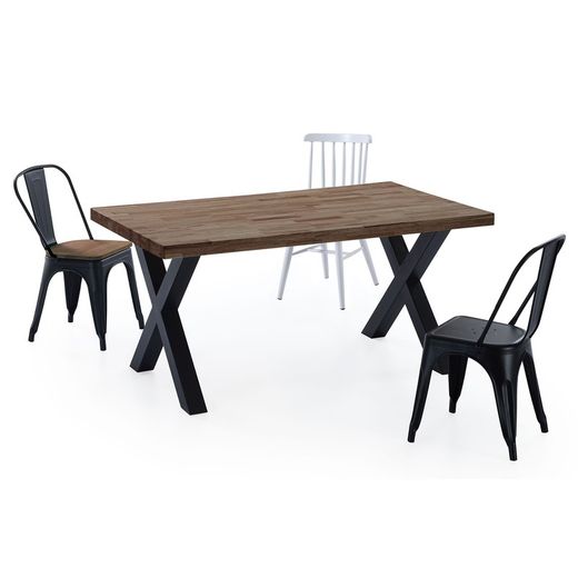 Τραπεζαρία από ξύλο δρυός και μέταλλο σε σκούρο φυσικό και μαύρο χρώμα, 160 x 90 x 76 cm | x-σοφίτα