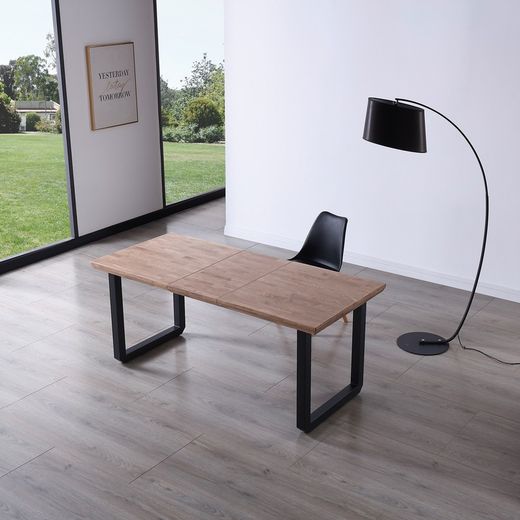 Utdragbart matbord i naturträ och svart metall, 140-180/220 x 80 x 77 cm | Rom