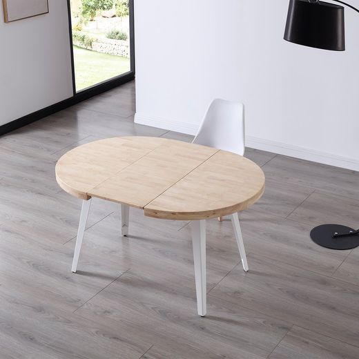 Extendable dining table in natural/white wood and metal, 100-140/180 x 100 x 76 cm | Berg