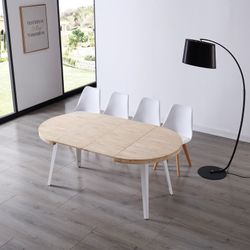 Extendable dining table in natural/white wood and metal, 100-140/180 x 100 x 76 cm | Berg