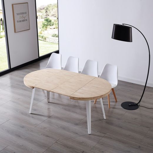 Extendable dining table in natural/white wood and metal, 100-140/180 x 100 x 76 cm | Berg