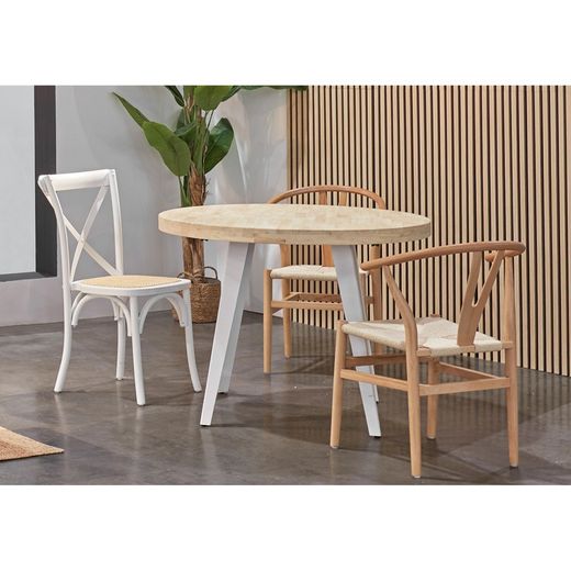 Extendable dining table in natural/white wood and metal, 100-140/180 x 100 x 76 cm | Berg