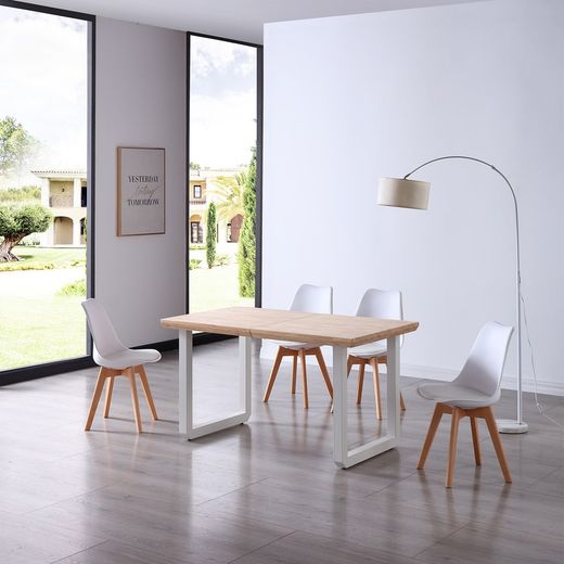 Extendable dining table in natural wood and white metal, 140-180/220 x 80 x 77 cm | Rome