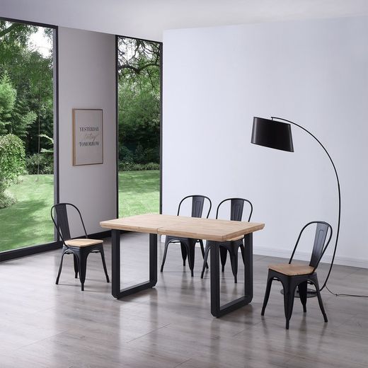 Utdragbart matbord i naturträ och svart metall, 140-180/220 x 80 x 77 cm | Rom