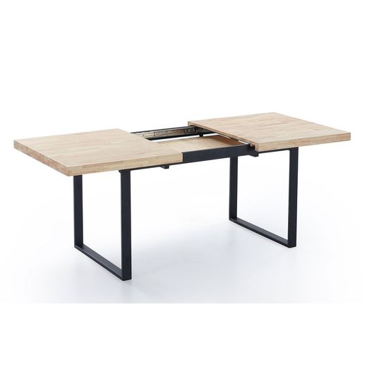 Utdragbart matbord i ek och metall i ljus natur och svart, 140/180 x 80 x 76 cm | Naturlig