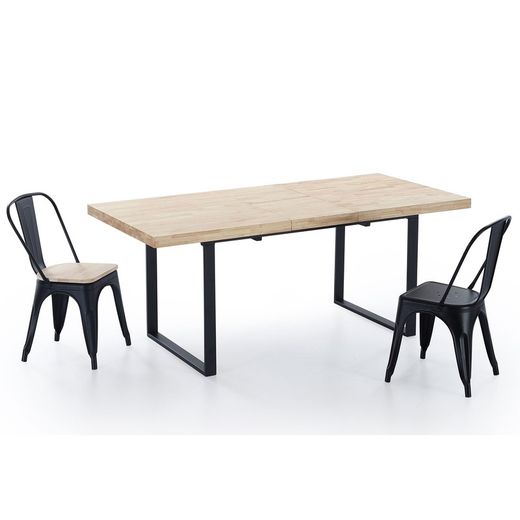 Utdragbart matbord i ek och metall i ljus natur och svart, 140/180 x 80 x 76 cm | Naturlig