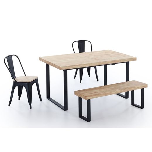 Utdragbart matbord i ek och metall i ljus natur och svart, 140/180 x 80 x 76 cm | Naturlig