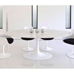 Oval Tulle Marble and White Fiberglass Dining Table, 180x108x74 cm