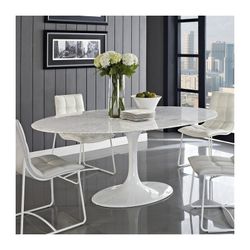 Oval Tulle Marble and White Fiberglass Dining Table, 180x108x74 cm