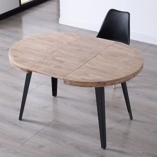 Round oak and metal dining table in natural and black, Ø 100/140/180 x 76 cm | Berg