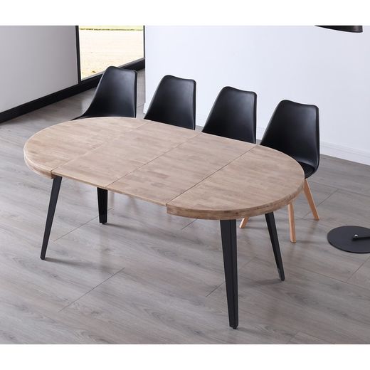 Round oak and metal dining table in natural and black, Ø 100/140/180 x 76 cm | Berg
