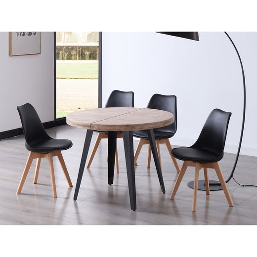 Round oak and metal dining table in natural and black, Ø 100/140/180 x 76 cm | Berg
