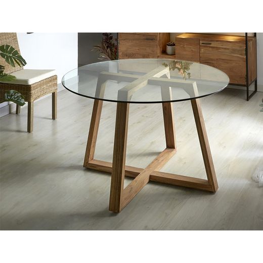 Scarpa Dining Table in Transparent Glass and Natural Acacia, Ø130x76 cm