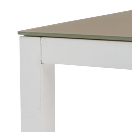 Quadratischer Tisch aus Aluminium und Glas in Weiß und Taupe, 90,2 x 90,2 x 74 cm | Adin