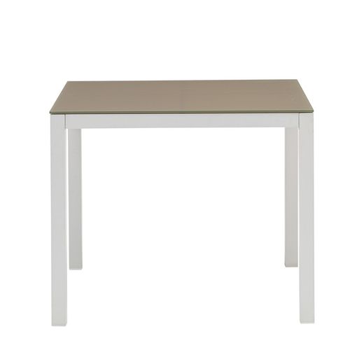 Quadratischer Tisch aus Aluminium und Glas in Weiß und Taupe, 90,2 x 90,2 x 74 cm | Adin