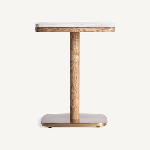 Mesa de bar de terrazo y madera en blanco y dorado, 50 x 50 x 66 cm | Alferce