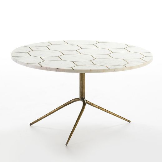 Couchtisch 82x82x44 Gold Metall / Weiß Eingebetteter Marmor